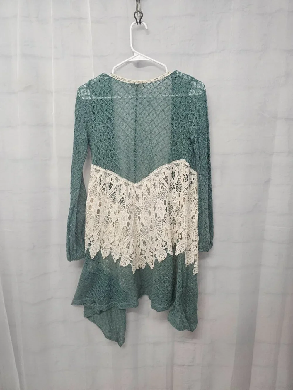 Ryu Cardigan Crochet Lace Open Sheer Boho Shabby Chic Green Cream S